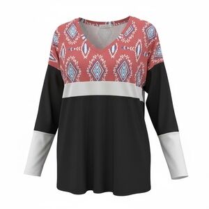 Southern Stitch Geometric Patterned V-Neck Top with black & white
Size Small